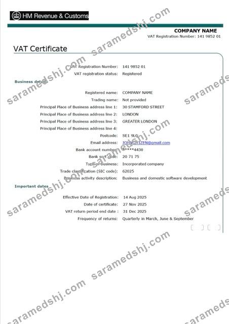 UK VAT certificate Word and PDF template